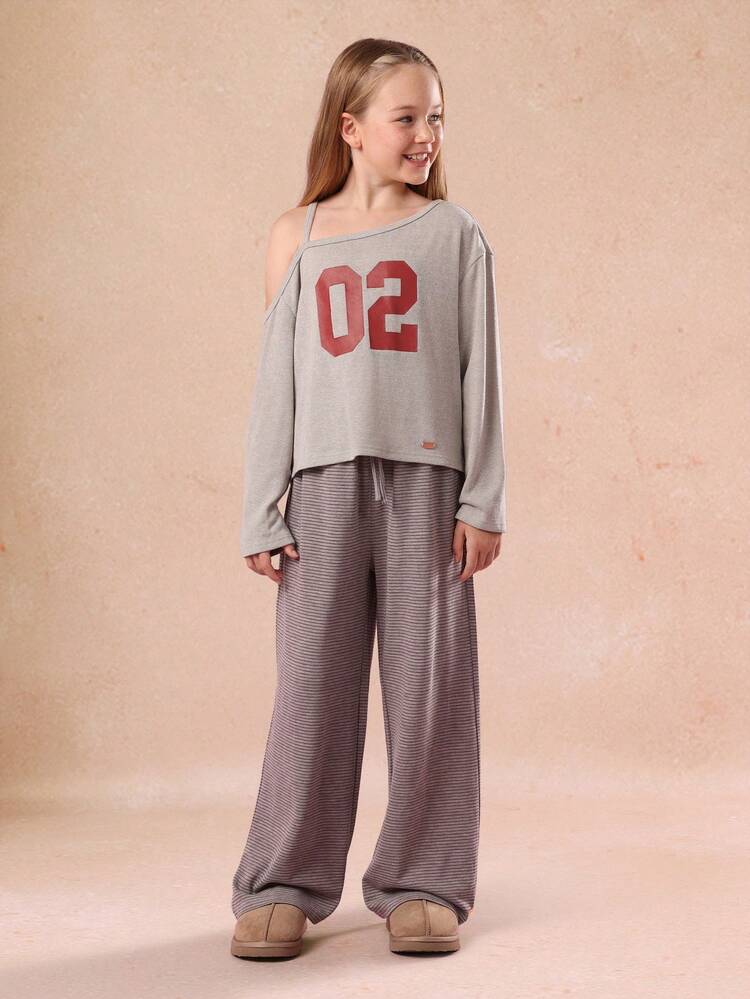 One Shoulder Sweatshirt With Number Print And Wide Leg Pants
