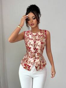 Elenzga Front Open Gold Jacquard Women's Summer Shirt Vest, Slimming Waist Blouse And Shirt, French Elegant Textured Floral Sleeveless Shirt - Red - View 4