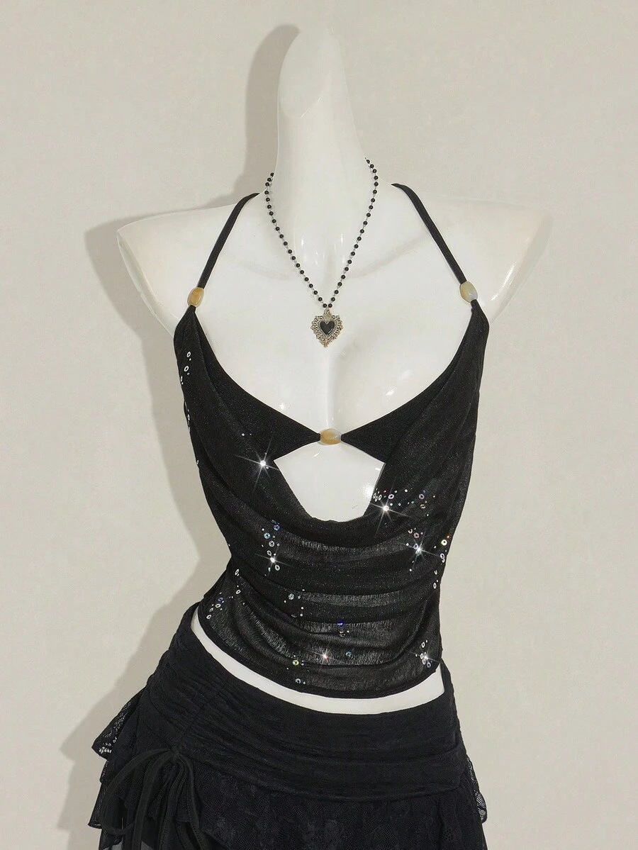 SHEIN ICON Glittery Mesh Sheer Beaded Decor 2 In 1 Women Tank Top