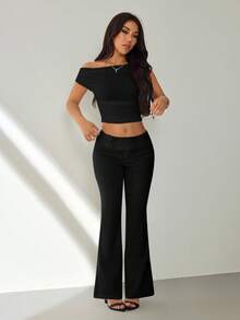 SHEIN PETITE Women's Solid Color Flare Casual Low-Waist Pants,Fall,Fall Clothes For Women - Black - View 5