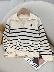SHEIN Tween Girl Black And White Striped Autumn Knitted Polo Collar Sweater,Casual Back-To-School Ribbed Pullover,Everyday Wear Holiday Collegiate Fashion - Black and White - View 7