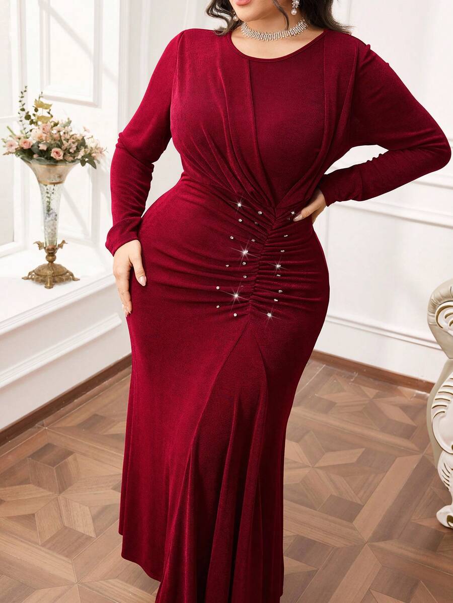 Modelyn 优雅纯色褶皱修身长袖大码女式连衣裙 - 酒紅色 - 查看 1