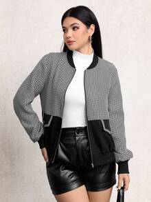 SHEIN Lacomfia Giacca casual versatile con chiusura lampo e blocchi di colore a quadri per donna - Bianco e nero - Visualizzare 1