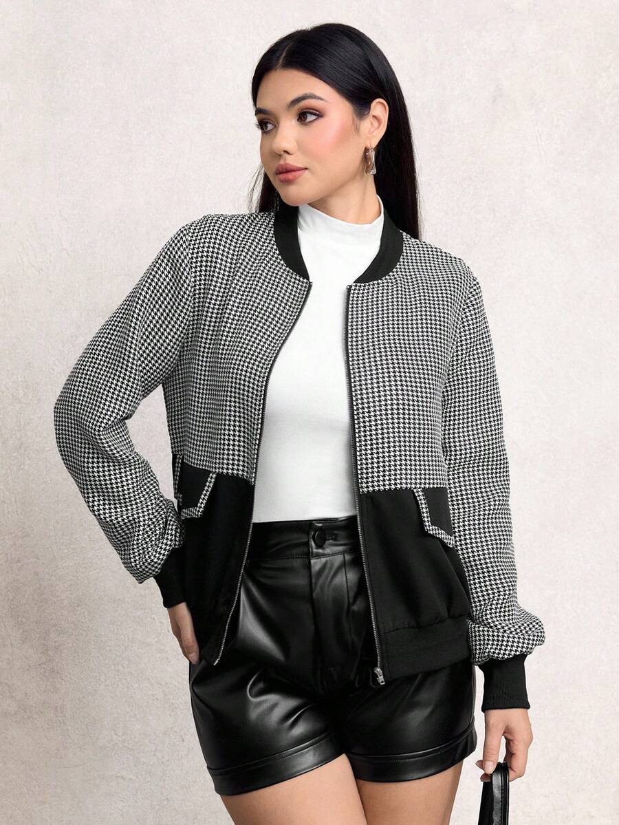 SHEIN Lacomfia Giacca casual versatile con chiusura lampo e blocchi di colore a quadri per donna - Bianco e nero - Visualizzare 1