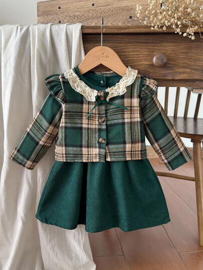 Vintaside Kids 2pcs/Set Baby Girls Autumn New Outfit, Corduroy Sleeveless Green Dress With Ruffled Collar, Green Plaid Long Sleeve Jacket With Ruffle Trim, Elegant Vintage Commuter Cute Dress Set Fall Winter