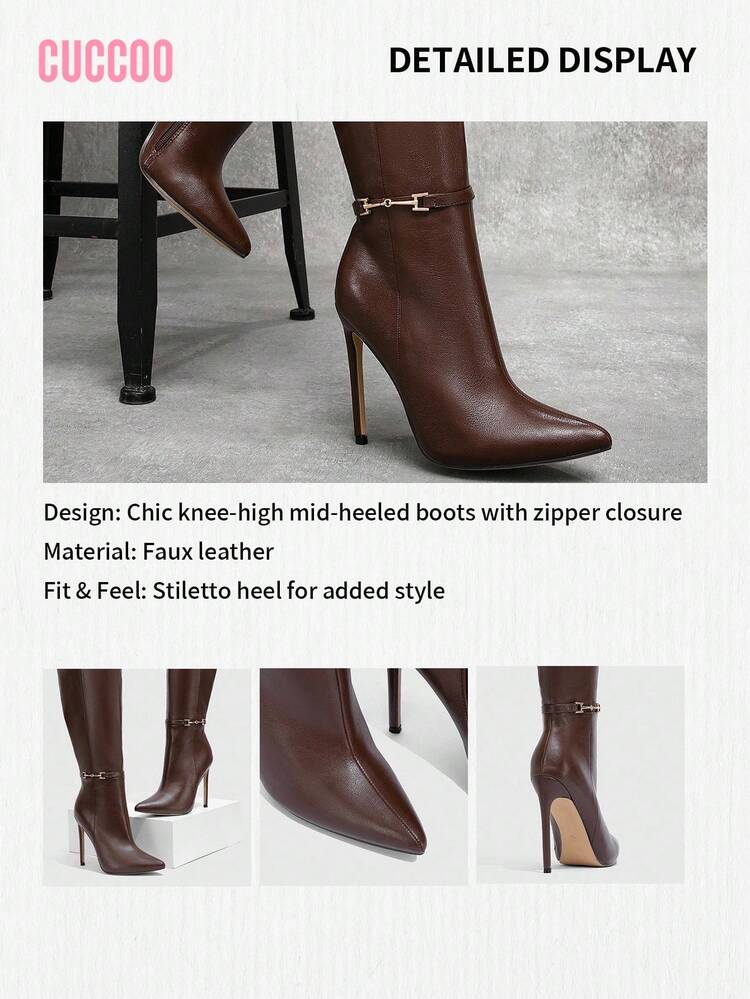 CUCCOO SZL Botas Cano Alto Femininas Versáteis com Fivela Metálica Decorativa, Bico Fino, Salto Agulha, Zíper Lateral, Adequadas para Natal, Festa de Ano Novo, Encontros à Noite, Uso Casual na Primavera - Café - Visão 10