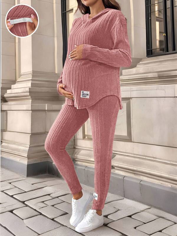 SHEIN 2 Stücke Umstandsmode Set: Einfarbiger Bogen Saum Oversized Pullover mit Kapuze und Hose Umstandsmode Loungewear Set 2 Teile Umstandsmode Set Strick Umstandsmode Set Zwei Teile Umstandsmode Set Bequemes Umstandsmode Set