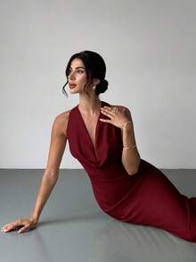 Firerie Elegant Daily Fashion New Vacation Date Sexy Graceful Banquet Party Glamorous Charming Wine Red Halter Deep V Backless Flowy Waist Mermaid Wine Red Long Dress, Graduation Season, Back To School Season, Party Dress, Afternoon Tea Dress, Sun Dresses ,Wedding Guest Dress Women - Burgundy - View 7