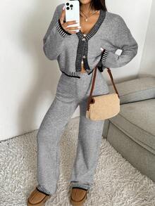 SHEIN EZwear 2pcs Women Contrast Trim V-Neck Button Front Long Sleeve Top And Pants Knit Sweater Set Knit Two Piece Set Two Piece Lounge Set Two Piece Set Women Grey Two Piece Set Comfortable Two Piece Set,Fall,Fall Clothes For Women - Light Grey - View 3