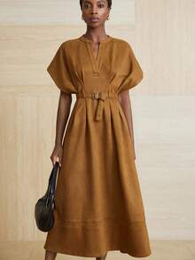 Aveloria Modichic Faux Suede Fabric, Commuter Design, Waist Belt Decor, Fashionable V-Neck Pleated Batwing Sleeve Dress