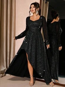 Cravure Rochie elegantă pentru femei, mărime mare, cu decolteu drapat, tiv asimetric, potrivită pentru petrecere/bal/întâlniri/cine la bar, model cu buline argintii strălucitoare - Negru - Vizualizare 4