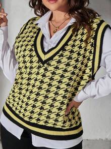 Elenzga 大码女式 V 领宽松休闲针织背心上衣，卡其色黑色拼色千鸟格提花套头毛衣背心，适合日常穿着，春秋季 - 淡黃色 - 查看 5