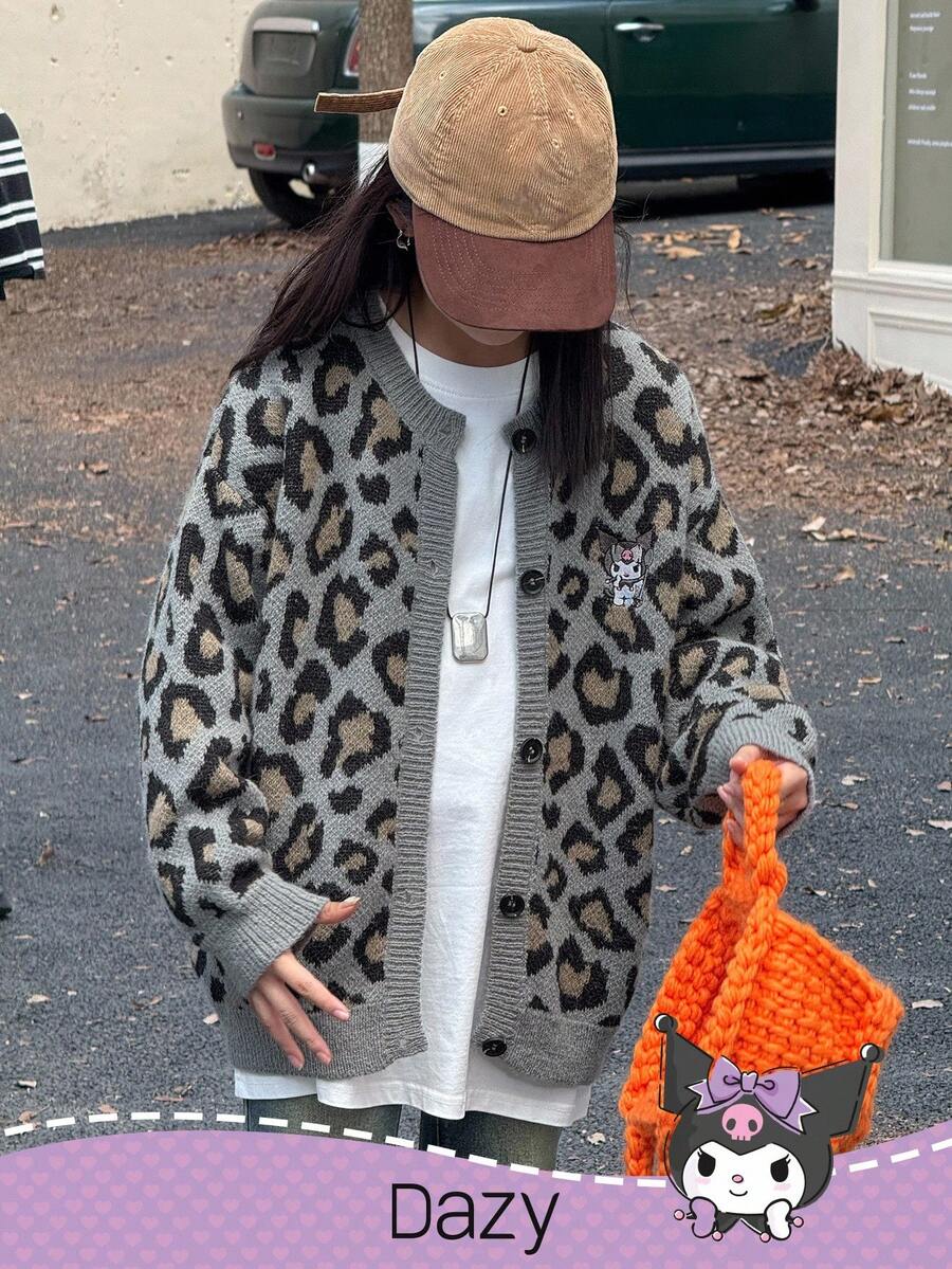 DAZY HELLO KITTY AND FRIENDS | SHEIN 秋冬款少女休闲卡通刺绣豹纹开衫 - 灰色 - 查看 1