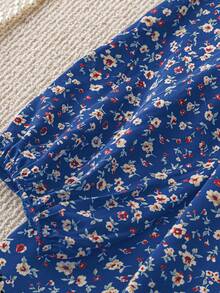 Rusticease 加大码花卉印花短款圆领长袖连衣裙冬季服装 - 寶藍色 - 查看 5