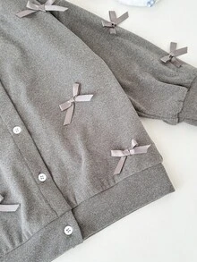 Genkimix Kids Modische Mädchen Minimalistische 3D Schleifen Schleife Dekor Rundhals Locker Strickjacke Oberbekleidung, Dunkelgrau, Alltagstragen für den frühen Herbst - Grau - Übersicht 5