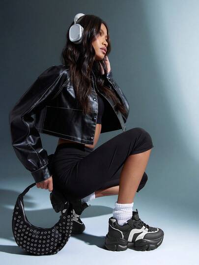 SHUZIA #Cyberpunk Women's Height Boosting Super Light Weight Black Shock-Absorbing Bold Sole Chunky Sneakers–Futuristic Street Style, Light Weight, Comfy Fit Chunky Shoes