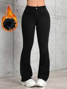 SHEIN PETITE Jeans de mezclilla sencillos y cálidos para uso diario de mujer - Negro - Ver 6