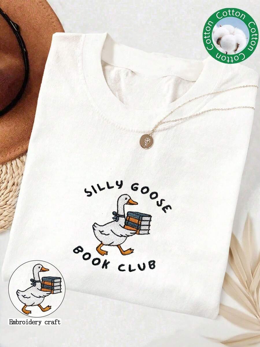 INAWLY Embroidered Silly Goose Reading Club Shirt, Comfortable Color Reader T-Shirt, Gift For Book Lovers, Round Neck Women Embroidered T-Shirt For Book Lovers, Christmas - White - View 1