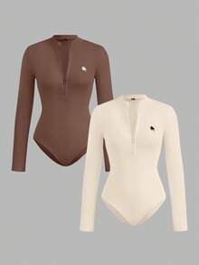 SHEIN EZwear 2 件女式小马印花拉链高领紧身衣套装，休闲长袖紧身衣，适合秋冬季 - 彩色 - 查看 9