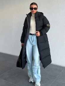 EURMUSE Premium Quality, Keep Warming, Label At Sleeve, Long Line Puffer Wintercoat - Black - View 1