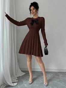 Elenzga 女式拼色蝴蝶结装饰圆领长袖毛衣裙 - 咖啡棕 - 查看 6