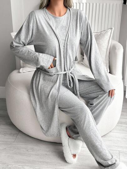 EURMUSE 3pcs/Set Women Casual Autumn/Winter Solid Short Sleeve Top & Pants &Robe Sleepwear Suit Outfit Women Lounge Set Long Sleeve Lounge Set Matching Lounge Set Womens Lounge Set Lounge Wear Set