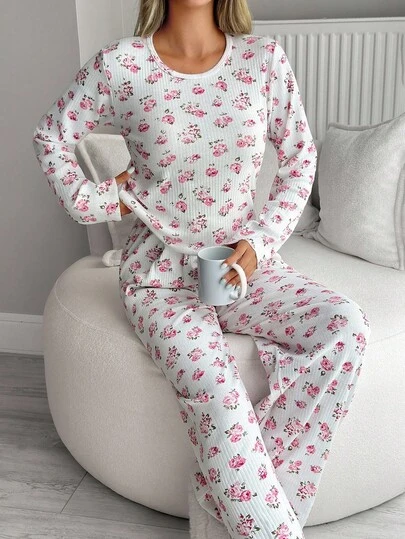 EURMUSE Women Cotton Rib Knit With Flower Patterned Long Sleeve&Pants Homewear Comfort Lounge Pajama Set For Ladies Pj Sets For Women Long Sleeve Women Lounge Set Comfy Pajamas Set Womens Lounge Set