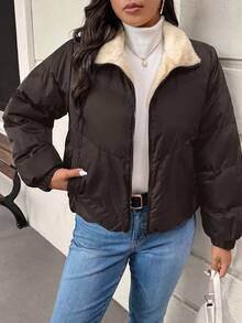 SHEIN Frenchy Damen Große Größen Warmer Langarm Lässig Gefütterte Mantel für den Winter - Kaffeebraun - Übersicht 7