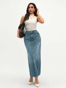 CLARA VERO Women's Solid Color Pocket Elegant Fashion Straight Denim Skirt - Baby Blue - View 3
