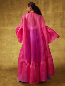 Vixey Fuchsia Pink Sheer Organza Ruffle Hem Puff Sleeve Maxi Duster, Going Out - Hot Pink - View 3