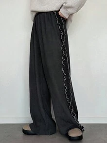 FRIFUL 女士休闲百搭荷叶边宽松裤，黑色阔腿裤，褶裥裤 - 深灰色 - 查看 2