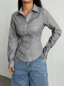 Jeanoix 女式复古格子修身性感衬衫 - 灰色 - 查看 3