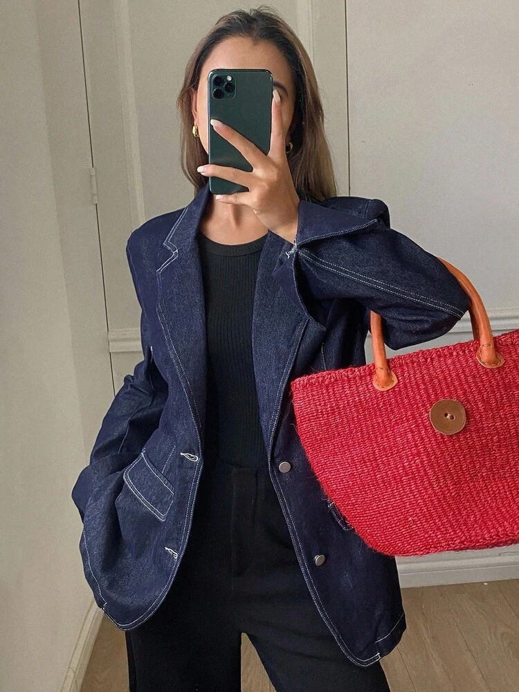 Western Cowboy Stitching Decor Cinched Waist Fitted Wide Shoulder Lapel Collar Long Sleeve Casual Street Style Denim Jacket For Women, Autumn/Winter