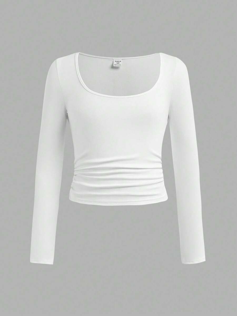 SHEIN Girlism 青少年女孩修身休闲简约舒适方领长袖T恤 - 白色 - 查看 1