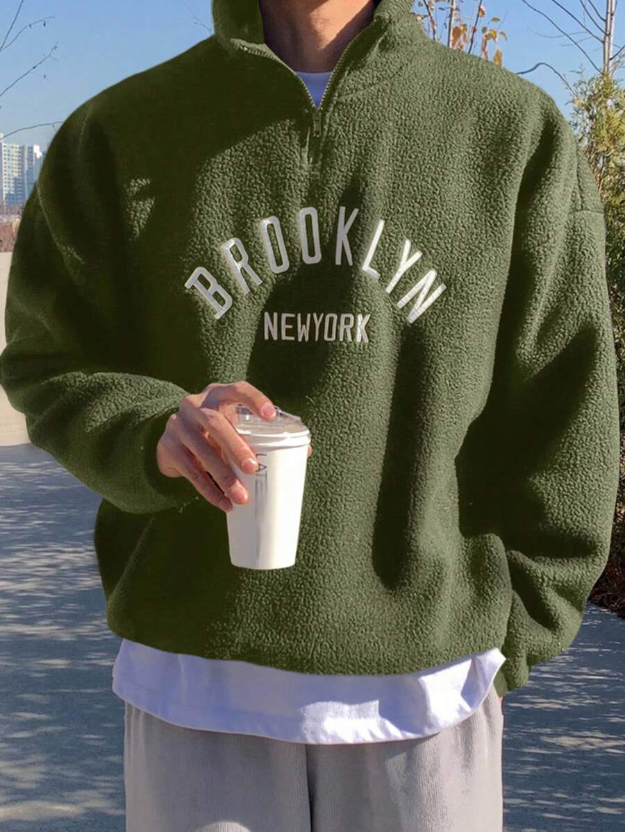 DAZY Men's Casual Letter Embroidery Pullover Sweatshirt, Autumn/Winter Quarter Zip Men