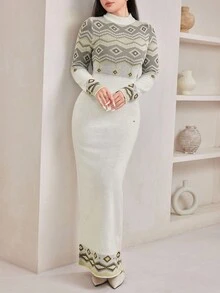 Veilorie 女士几何提花加长针织连衣裙，秋冬 - 白色 - 查看 6