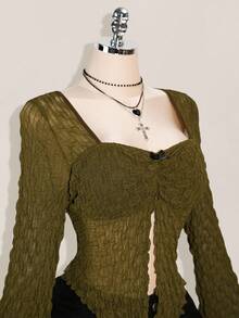 SHEIN ICON 加大码提花喇叭袖褶饰前片性感方领 T 恤，针织上衣，适合夏季，Y2K - 軍綠色 - 查看 5