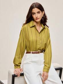 BizChic 2025 Autumn/Winter New Yellow-Green Striped Print Lapel Button-Front Women's Shirt, Modern Elegant Urban Business Casual Office Wear, Suitable For Dates, Parties, Outings, Airports, Romantic Country Music Concerts, Old Money Style, Korean Fashion, Airport, Wedding Guest, Birthday, Halloween, Christmas,Fall Tops Women Work Blouses Women Button Down Shirts Office Blouse Striped Shirt Women - Green - View 7