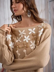SHEIN LUNE Women's Solid Color Floral Western Casual Sweater, LanaWest - Apricot - View 8