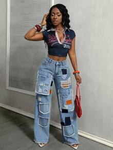 Slaydiva Plus Size Women Cowgirl Style Blue Denim Straight Leg Jeans With Patches, Distressed Hem, Non-Stretch, Spring - Light Wash - View 5