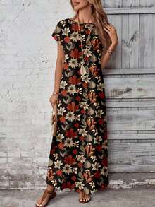 EMERY ROSE Casual Versatile Retro Autumn Leaf Flower Pattern Summer Dress For Women, Suitable For Outings - Multicolor - View 3