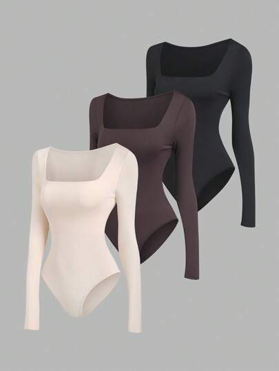 Sweetra Set de 3 bodys de manga larga para mujer en color albaricoque, marrón café y negro, de ajuste ceñido y estilo minimalista y versátil para el día a día