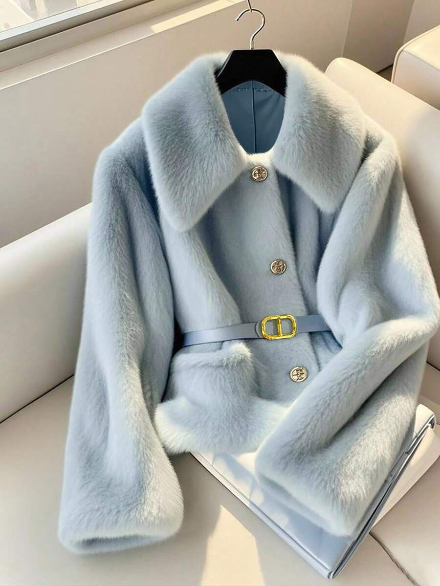 GlowEve 女式休闲翻领腰带装饰仿皮草夹克,秋冬 - 藍色 - 查看 1