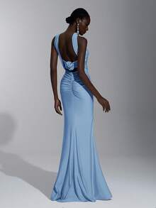 SHEIN Belle 优雅、浪漫、性感、简约、浅黄色针织弹力露肩露背紧身连衣裙，时尚、网红风格，适合节日、派对、婚礼、伴娘 - 藍色 - 查看 2