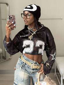 Coolane Damen Cool Girl Herbst Festival Streetwear Strandoutfits Kontrast Spitze Grafiken Oversized Langarm Schwarze Jersey Shirts - Schwarz - Übersicht 4