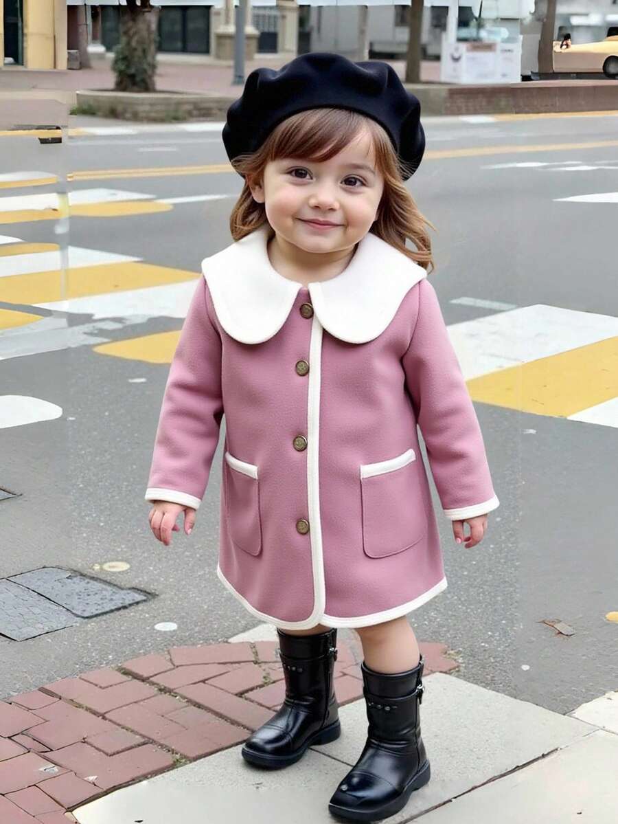 Souflis Souflis Baby Girl Casual Fashion Versatile Retro Elegant Contrast Color Coat Jacket Suitable For Autumn And Winter Daily Wear Fall - Purple - View 1