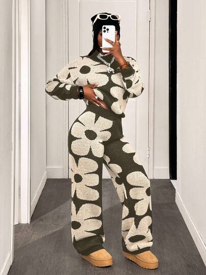 BamGleam 2pcs Women Floral Pattern Crew Neck Long Sleeve Sweater Top And Pants Set