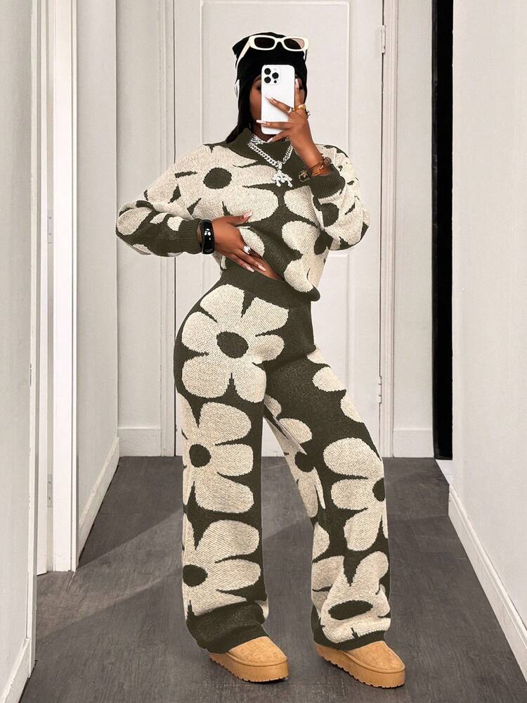 BamGleam 2 件套女式花卉图案圆领长袖毛衣上衣和裤子套装 - 卡其色 - 查看 1