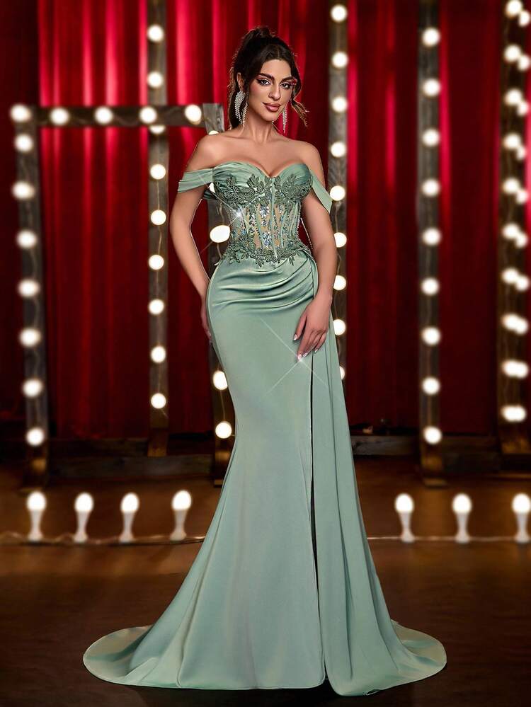 Glamrae Elegante y lujoso vestido de noche con encaje verde, lentejuelas, parches de satén, apliques hechos a mano, abertura sexy y cola de pez con dobladillo drapeado, adecuado para fiestas, galas, ocasiones formales y el Día de San Valentín - Verde hierba - Añade 3