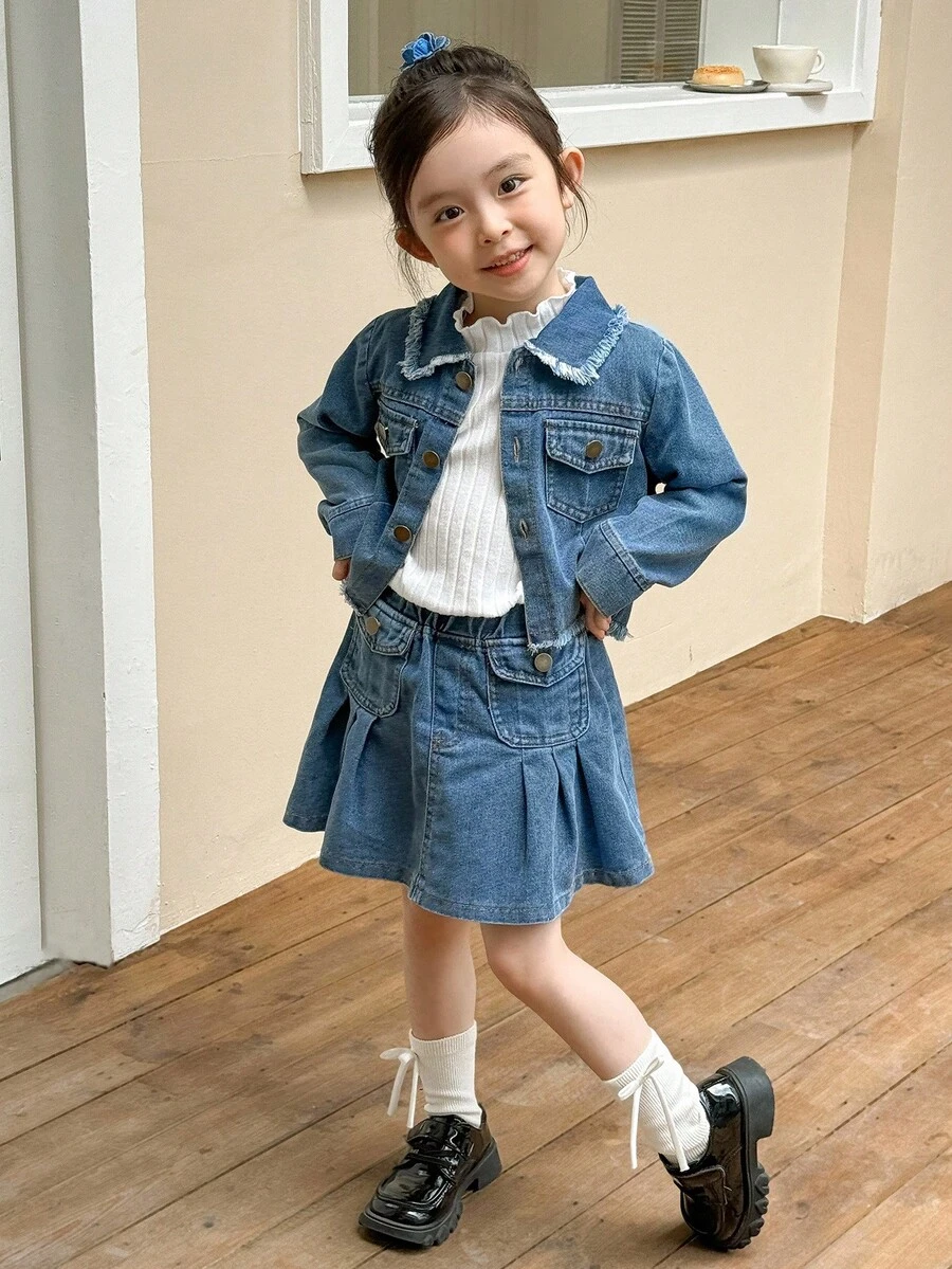 Genkimix Kids 时尚少女牛仔两件套：短款外套+时尚半裙，秋冬季休闲穿搭 - 深色水洗藍 - 查看 1